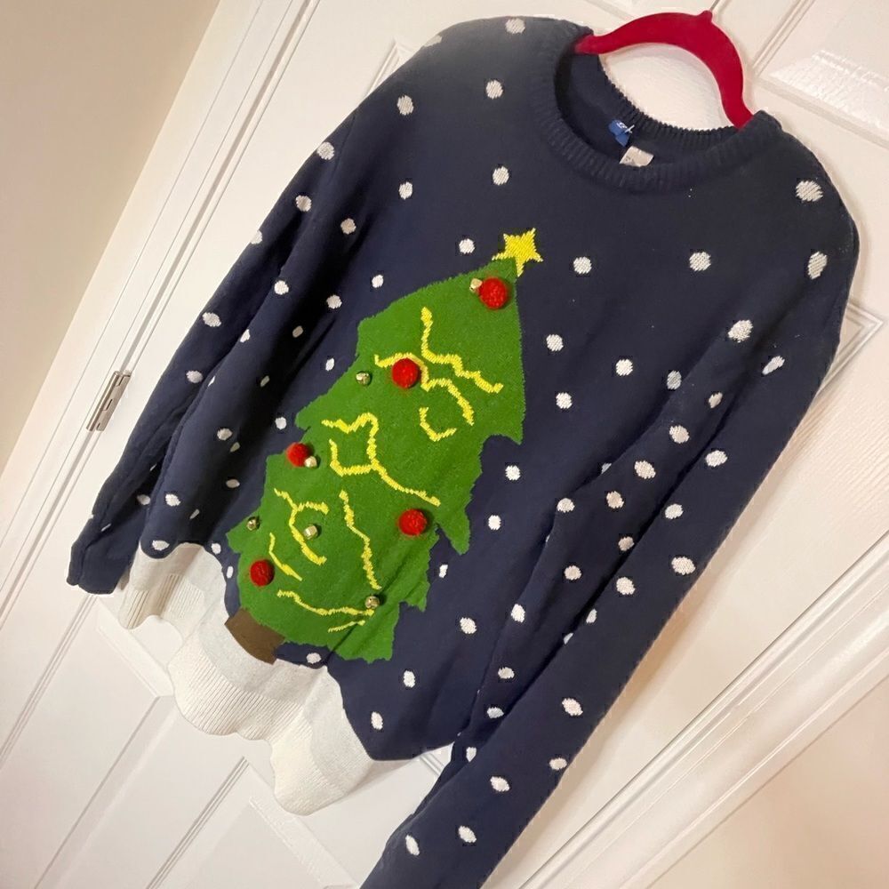 Divided XL Christmas Tree Sweater with bells and poms blue
